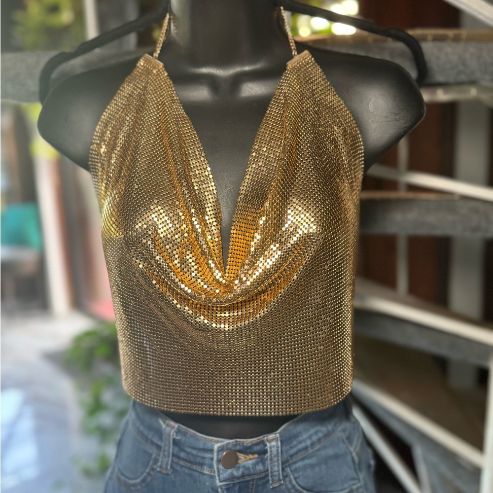 Gold Halter Neck Women Top